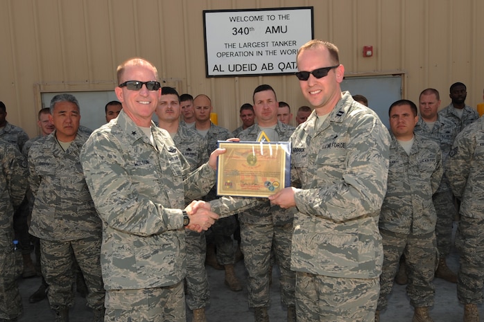 Brig. Gen. Stephen Wilson, 379th Air Expeditionary Wing commander, presents the Maintenance Unit of the Month Award for February 2010 to Capt. Brad Braddock, 340th Aircraft Maintenance Unit commander. In February, Captain Braddock’s unit maintained an 85 percent mission capable rate, a 93 percent quality assurance pass rate and a 99 percent maintenance mission effectiveness rate. The captain is deployed from Grand Forks Air Force Base, N.D. (U.S. Air Force photo by Tech. Sgt. Michelle R. Larche)