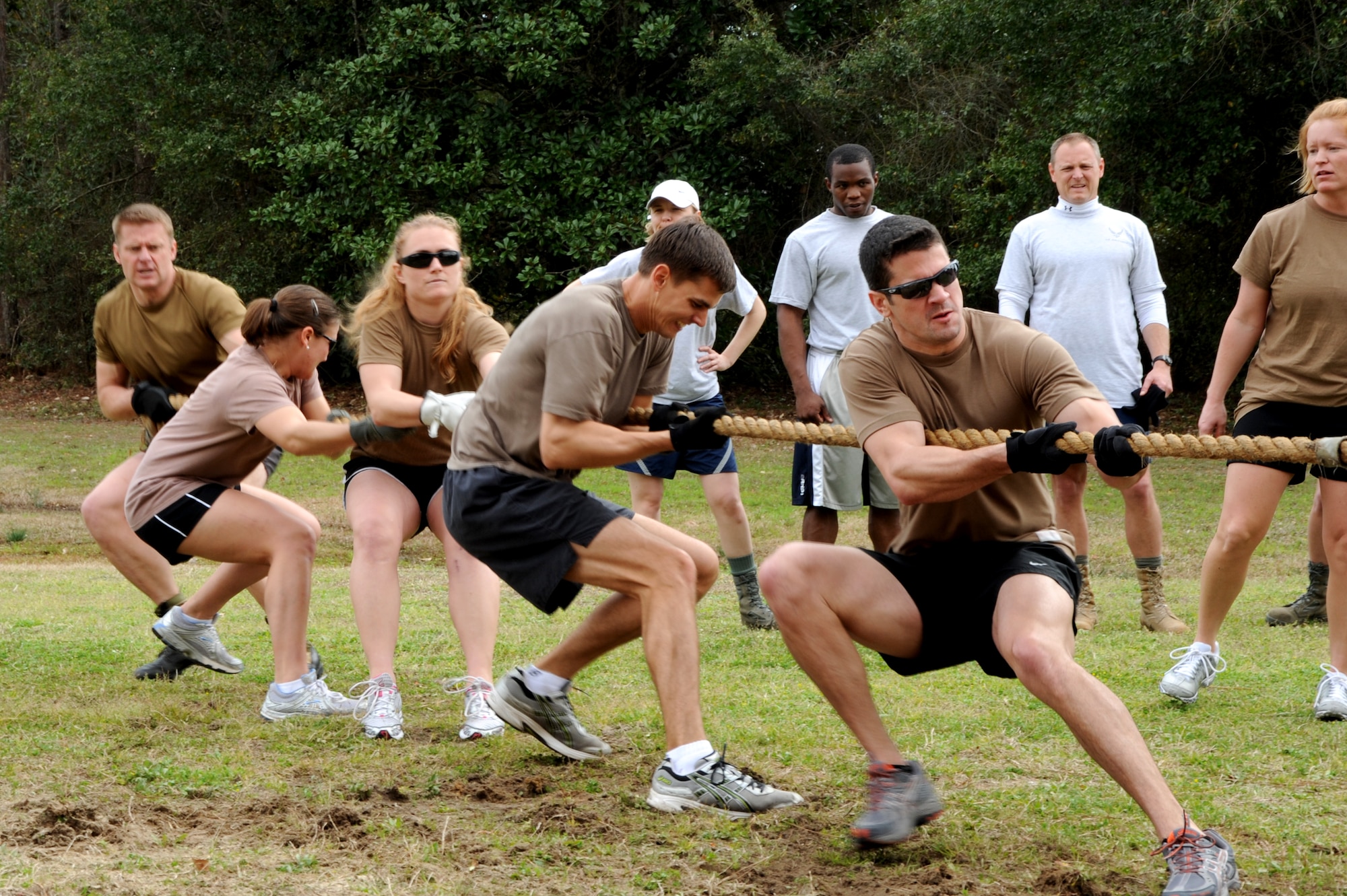 Airmen from the 720th Special Tactics Group Team 1 compete during the Tug-of-War event during the 19th Annual Fit Eagle competition March 12, at the Aderholt Fitness Center, Hurlburt Field, Fla.  The 720th Team 1 went on to win the competition, which consisted of  push-ups, sit-ups, sit and reach, a 5k run, pull-ups, tug-of-war and a mystery team building event.(U.S. Air Force photo by Senior Airman Matthew Loken)