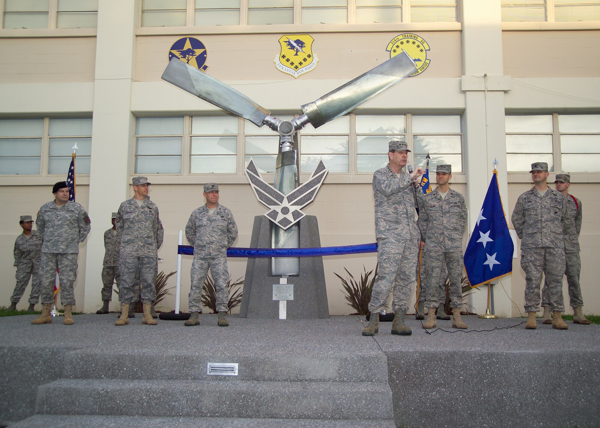 Gen. Stephen Lorenz, Air Education and Training Command commander addresses the Airmen of the 517th Training Group at the dedication of the Presidio of Monterey’s new Airman Heritage Exhibit. The exhibit was designed as a tribute to Air Force cryptologic linguists who have fallen in the line of duty, spanning from 1953 over the Sea of Japan through the most recent in 2005 in Albania. (U.S. Air Force photo)