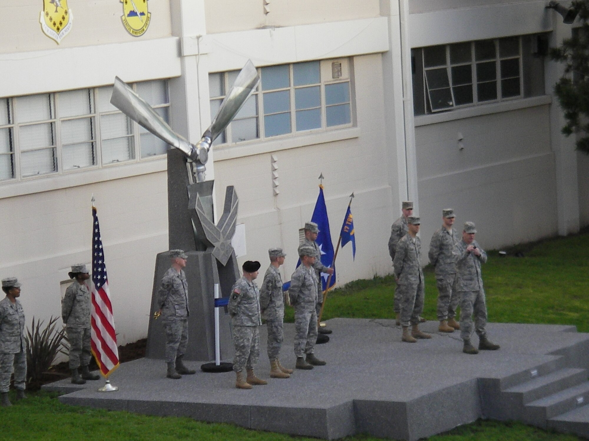 Gen. Stephen Lorenz, Air Education and Training Command commander,  speaks to the members of the combined 517th Training Group, 311th and 314th Training Squadron formation in front of the Presidio’s newly-dedicated Air Force Heritage Exhibit. The exhibit was designed as a tribute to Air Force cryptologic linguists who have fallen in the line of duty, spanning from 1953 over the Sea of Japan through the most recent in 2005 in Albania. (U.S. Air Force photo/ Senior Master Sgt. Paul Bailey)
