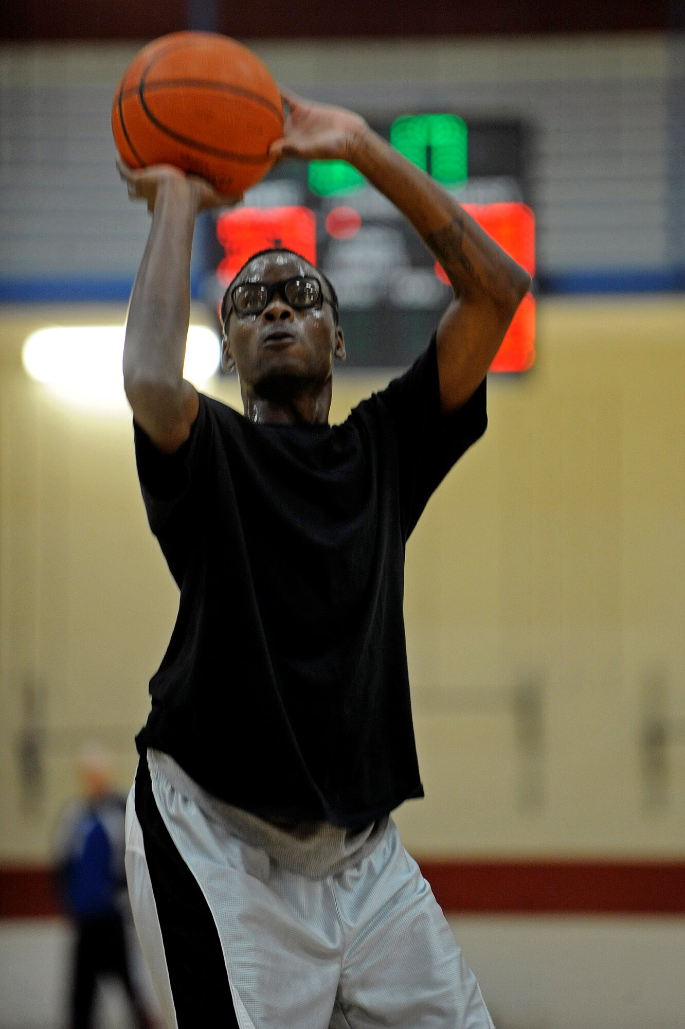 ELLSWORTH AIR FORCE BASE, S.D. -- Senior Airman Adam Grant, 28th Bomb Wing still photographic journeyman, attempts a free throw during Ellsworth's intramural basketball championship game, March 16. The 28th Logistics Readiness Squadron won the base championship with a final score of 61-58.