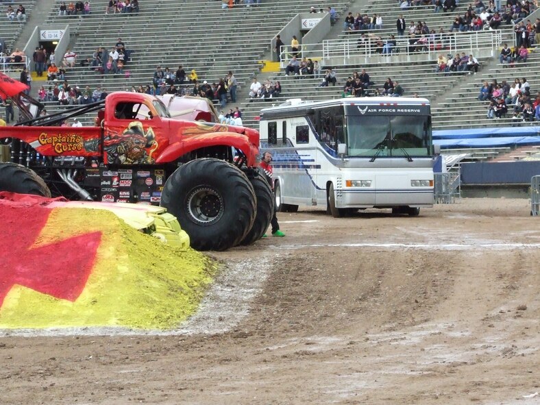 EL PASO, Texas -- Air Force Reserve Motorcoach, Eli, shared the infield with renowned monster trucks during the Monster Jam event, March 6. Eli is one of three Air Force Reserve customized motorcoaches used for special events and recruiting. (U.S. Air Force photo by Martha Whipple)