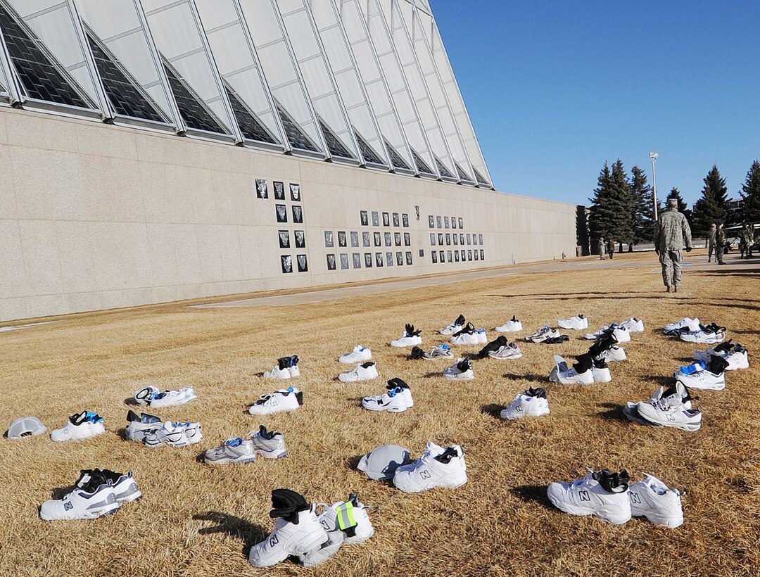 Rows of sneakers and other items are lined up on the U.S.Air Force Academy's Terrazzo while their owners participate in the annual recognition events at the Academy March 12, 2010. (U.S. Air Force photo/Rachel Boettcher)