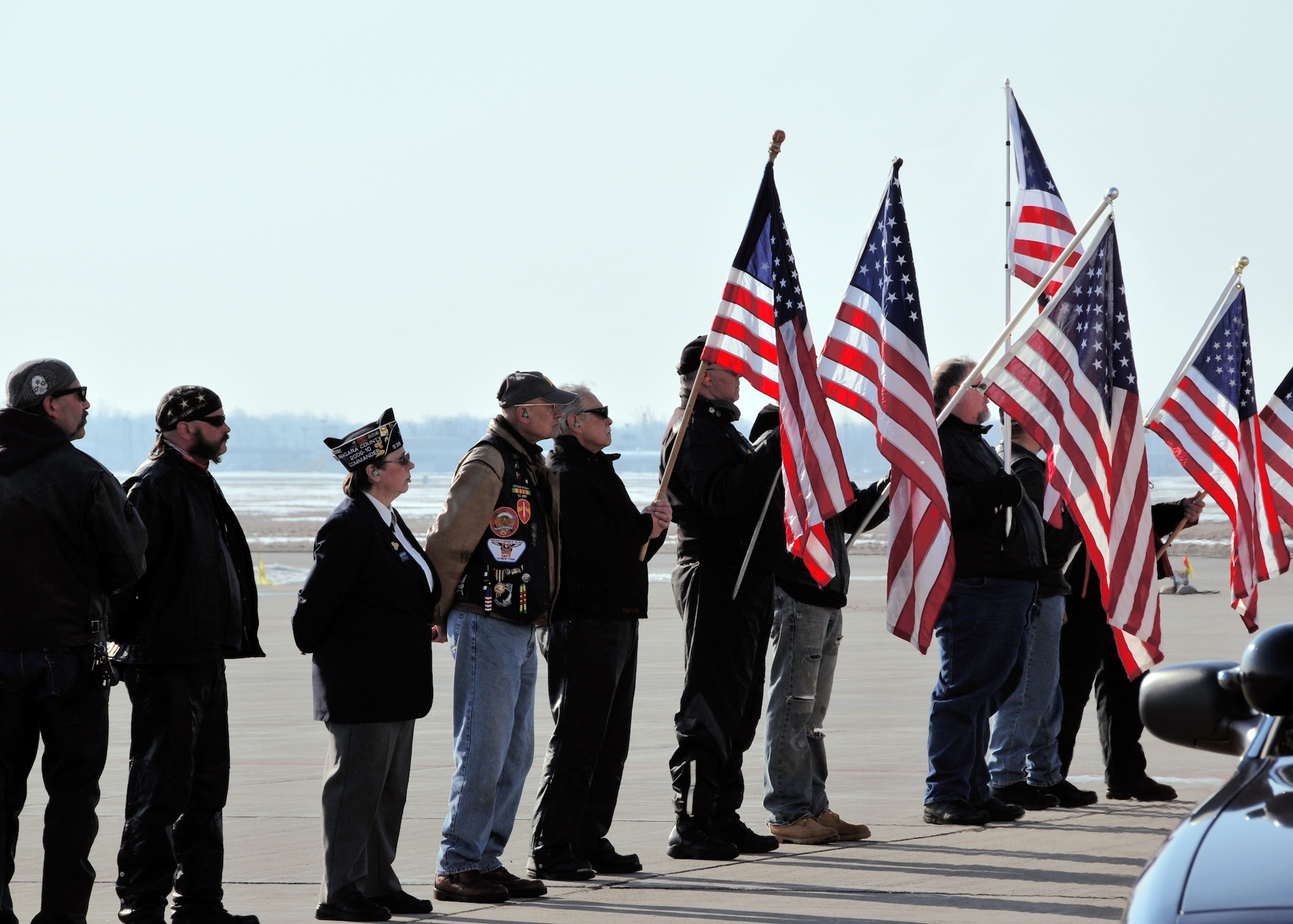 Patriot Guard Riders pay tribute to a fallen American Soldier, March 11, 2010, Niagara Falls, NY. When invited by the family of the deceased, Patriot Guard Riders show their support by attending the ceremonies of fallen patriots. (U.S. Air Force photo by Staff Sgt. Joseph McKee)