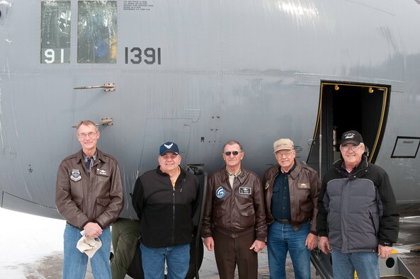 The original  aircrew  members who delivered the factory fresh airplane to the 139th AW in 1987 were passengers on the flight  to transfer it  to the 189th AW, Little Rock, AR.  Pictured are (Ret.), Chief Master Sgt. Gary McIntosh, Senior Master Sgt. Denny Howe, Col. Ken Gabriel, Senior Master Sgt. Lloyd Nauman, and Col. Carl Frikins. Although Senior Master Sgt Denny Howe was not the crew chief of 1391 when it arrived at Rosecrans he was instrumental in refurbishing it after the flood of 1993.  Ret. Col. Bob Agee and original crew chief Master Sgt. Joe Martinowsky were unable to take the flight but where part of the original crew. (U.S. Air Force photo by Maj. Barb Denny/Released)