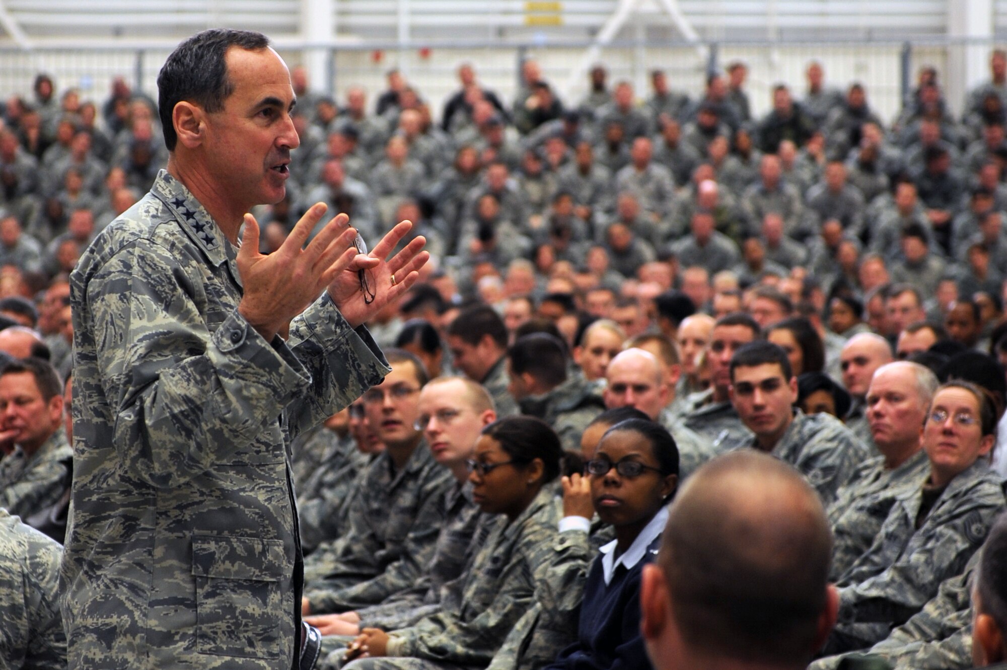 Gen. Raymond E. Johns, Jr., commander of Air Mobility Command, addressed 19th Airlift Wing Airmen during an all-call here Dec. 22. Gen. Johns told Combat Airlifters how important their contributions were to the overall AMC mission. (U.S. Air Force photo by Staff Sgt. Chad Chisholm)
