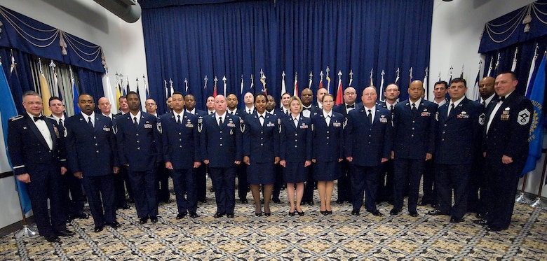 Twenty-nine senior NCOs participated in the 512th Airlift Wing Senior NCO Induction Ceremony March 6 at the Landings. The Airmen were promoted to master sergeant over the past year. The ceremony, hosted by the wing's Top 3, formally inducted these Airmen into the senior NCO corps. (U.S. Air Force photo/Brianne Zimny)