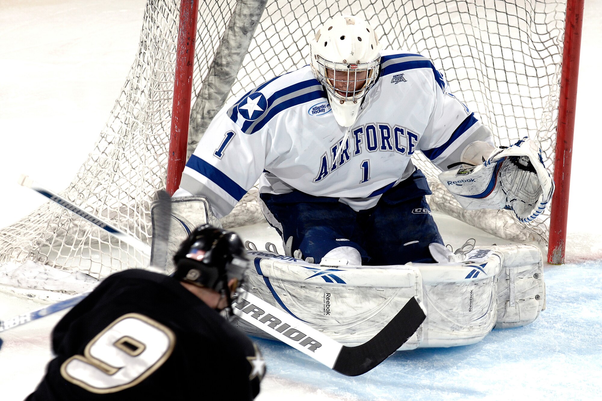 Falcon goalie senior Andrew Volkening recorded his third straight shutout as he made 29 saves in a 3-0 win over Army in the first game of a three-game quarterfinal series March 12, 2010, at the U.S. Air Force Academy's Cadet Ice Arena. Air Force went on to win the best-of-three series 2-0, advancing to the Atlantic Hockey Association Final Four against Sacred Heart March 19 in Rochester, N.Y.   (U.S. Air Force photo/Mike Kaplan)