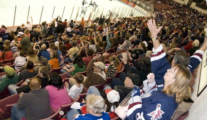 South Carolina Stingrays fans cheer on their team in the last seconds of the hockey game during military appreciation night at the North Charleston Coliseum March 12. More than 5,000 fans attended the night's event with approximately 1,000 free tickets provided to military personnel. (U.S. Air Force photo/Staff Sgt. Daniel Bowles)