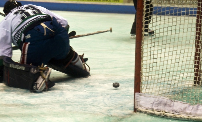 A puck sails past goalie Chris Beckford-Tseu to bring the South Carolina Stingrays their second goal against the Florida Everblades during the military appreciation night held at the North Charleston Coliseum March 12. The Stingrays' record is 37-18 for the season and won a playoff spot with their March 12 win against the Everblades. Beckford-Tseu plays for the Florida Everblades. (U.S. Air Force photo/Staff Sgt. Daniel Bowles)