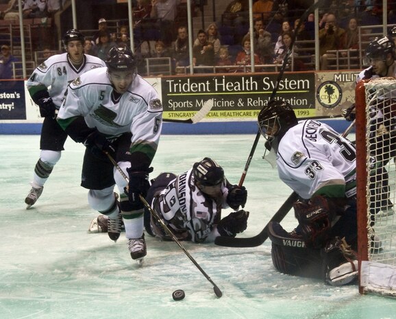 Defenseman Brad Zanon with the Florida Everblades recovers the puck after attempting a shot during the South Carolina Stingrays military appreciation night at the North Charleston Coliseum March 12. The Stingrays defeated the Everblades 1-3, but were unable pull off another win in their rematch the following night. (U.S. Air Force photo/Staff Sgt. Daniel Bowles)