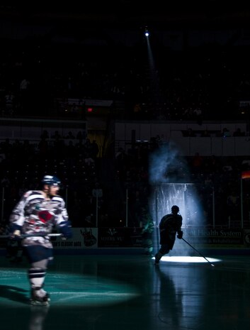Players with the South Carolina Stingrays hockey team take the ice for the opening ceremony March 12 at the military appreciation night held at the North Charleston Coliseum. The Stingrays honored military members with free tickets, military shoutouts and patriotic music throughout the game. (U.S. Air Force photo/Staff Sgt. Daniel Bowles)