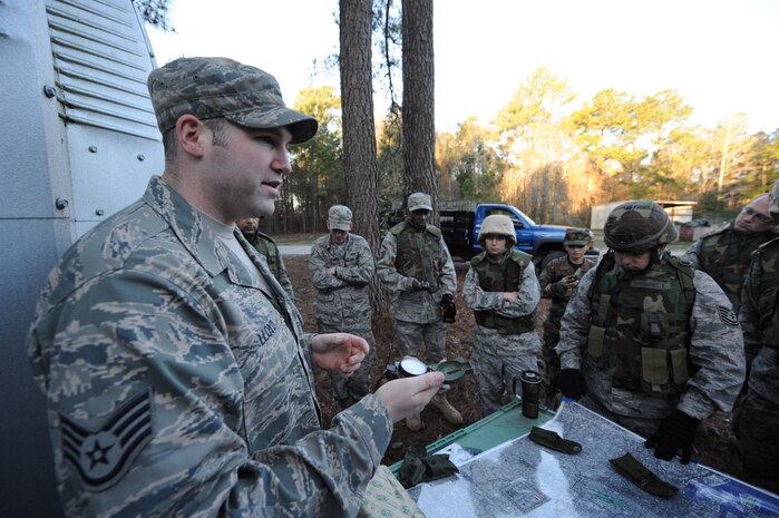 Staff Sgt. William Lloyd teaches land navigation and map reading for annual training at Joint Base Charleston March 16, 2009. Prime Base Engineer Emergency Forces, or Prime BEEF, receive contingency training at home station to prepare them for deployed locations. Sergeant Lloyd is a Simplified Acquisition Base Engineering Requirements, or SABER, technician with the 628th Civil Engineer Squadron. (U.S. Air Force photo by James M. Bowman/released)