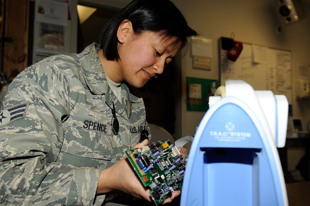 Senior Airman Kristine Spence is the 455th Air Expeditionary Wing Warrior of the Week. She is a biomedical equipment technician assigned to the 455th Expeditionary Medical Group/Task Force Medical and is deployed from the 60th Medical Support Squadron, Travis Air Force Base, Calif.
Airman Spence’s primary duties include installation, repair and calibration of medical equipment for the Craig Joint Theater Hospital and supporting coalition medical facilities on Bagram Airfield. 
Since arriving, Airman Spence has been a vital component to mission success. She installed equipment and created power sources which increased the Craig Joint Theater Hospitals patient care capability by 38 percent. She also completed 30 percent of the total repair workload, completing 41 scheduled and 9 priority repairs in her first 30 days on station. 
When asked her feelings on being named Warrior of the Week, Airman Spence replied, “I am excited about it. It is an honor to think I was even considered.”
“We keep the hospital running,” she said. She added without the equipment she and her crew maintain, the hospital staff would not be able to provide the quality care their patients need. 
For her nomination, Airman Spence’s supervision stated she recently won Air Force Level Biomedical Equipment Airman of the Year in 2009. Since she has arrived, Airman Spence has impressed her supervisors with her professionalism and positive attitude which also earned her Squadron Airman of the month January 2010. 
Airman Spence is also a victim advocate for the 455th AEW Sexual Assault Response Coordination Office and a member of the 455th EMDG quick reaction force. 
(U.S. Air Force photo by/ Tech. Sgt. Jeromy K. Cross/released)




