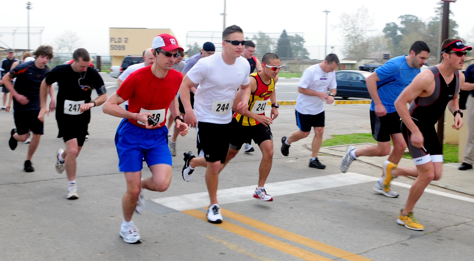 Participants of the Strain your Brain Duathlon take off from the start line Saturday, March 13 at Incirlik Air Base, Turkey. The race, a modified duathlon, consisted of a 5K run and 12K bike, and more than 30 people participated in the fitness event. Prizes such as base exchange gift certificates and base theater passes were given to the top three men (under 30 and over 30) and women. At a time of 38:54, Staff Sgt. Brad Williams, 39th Maintenance Squadron, earned the best time for the men and Kim Ventura, wife of Anthony Ventura, Incirlik Army & Air Force Exchange Service manager, earned the best time for the women at 51:18. (U.S. Air Force photo/Senior Airman Alex Martinez)