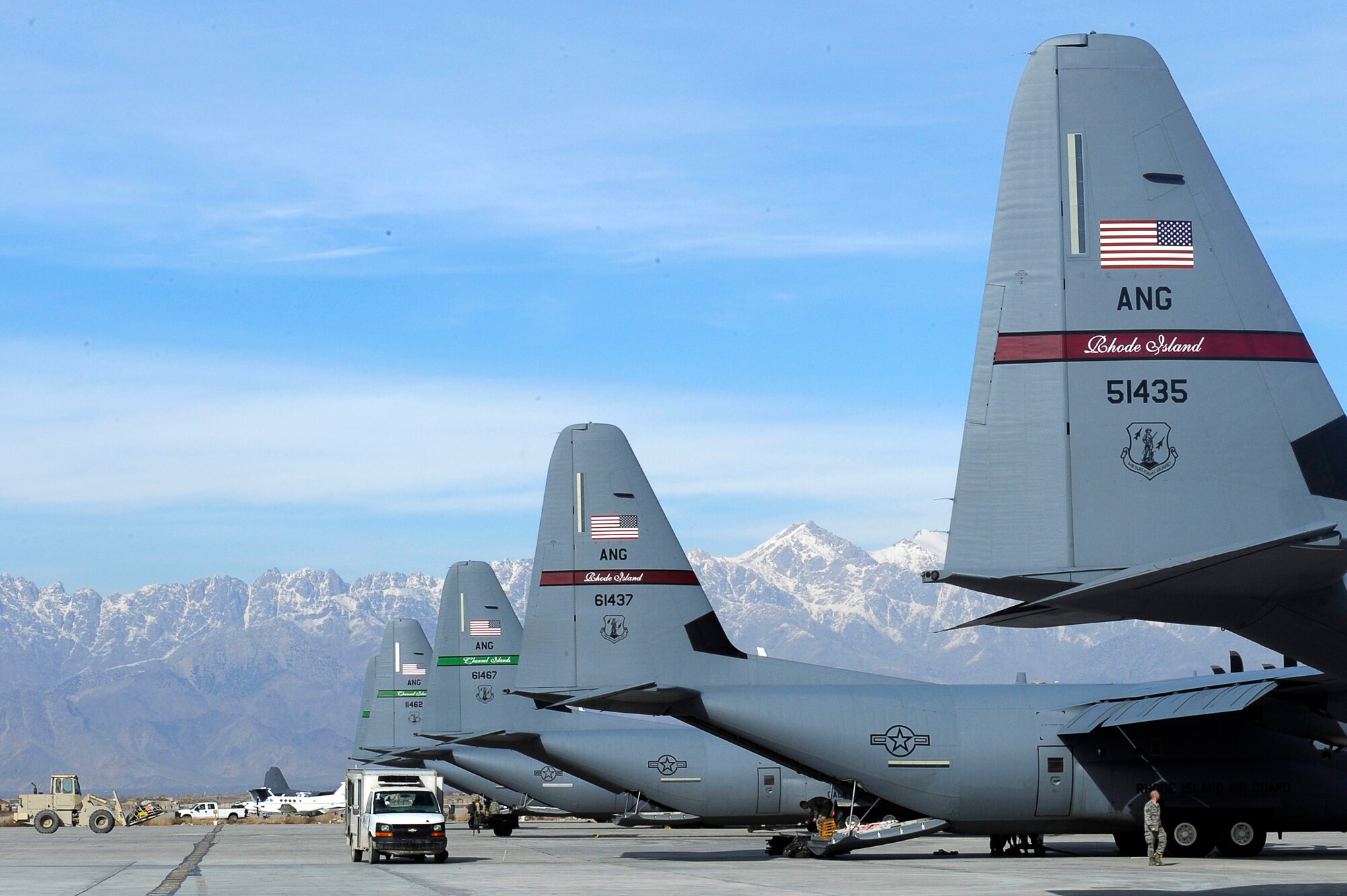U.S. Air Force C-130Js on Bagram Airfield, Afghanistan, March 2, 2010. (U.S. Air Force photo by/ Tech. Sgt. Jeromy K. Cross/released)


