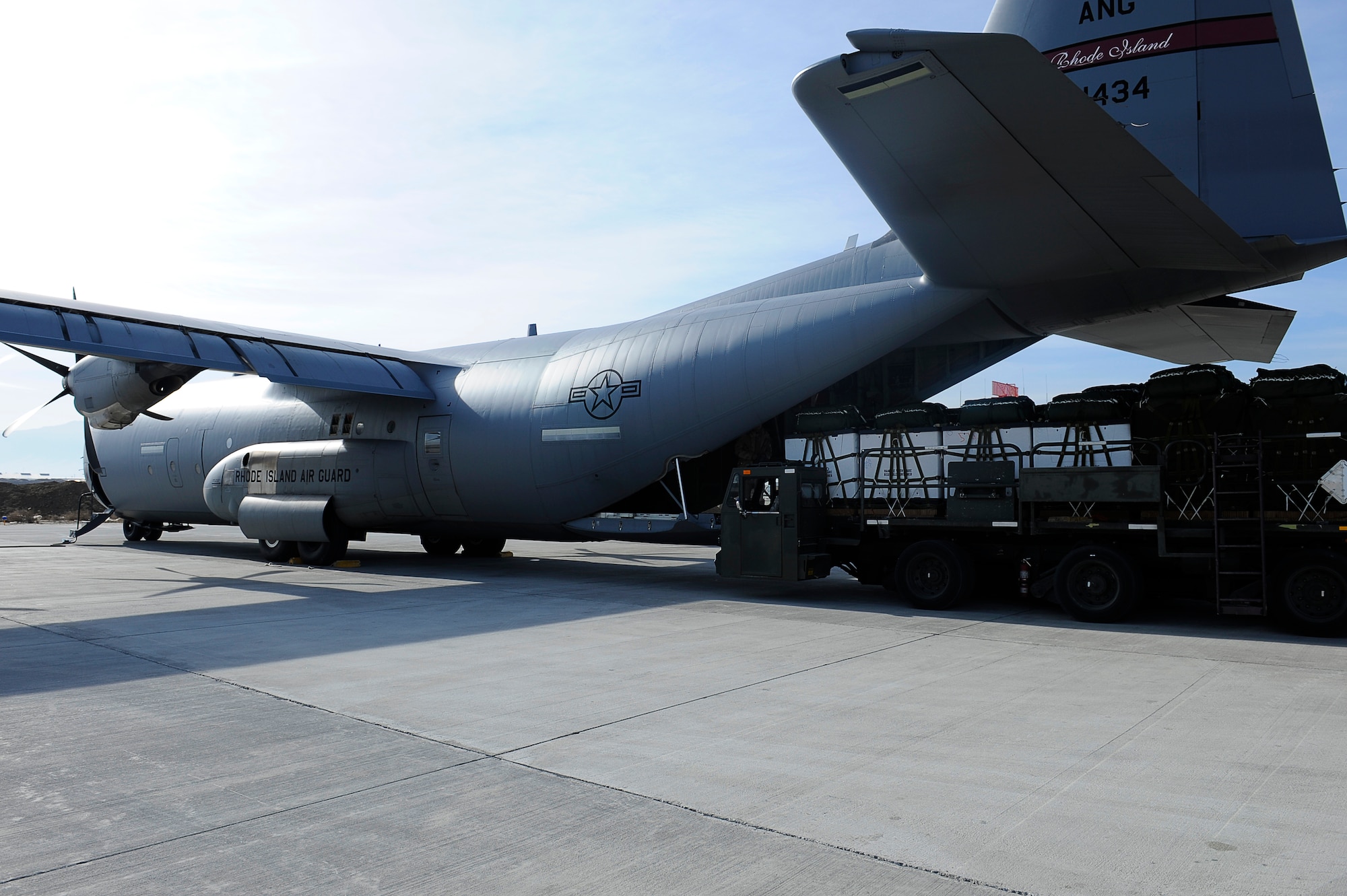 An U.S. Air Force C-130J is loaded for an airdrop mission at Bagram Airfield, Afghanistan, March 2, 2010. (U.S. Air Force photo by/ Tech. Sgt. Jeromy K. Cross/released)





