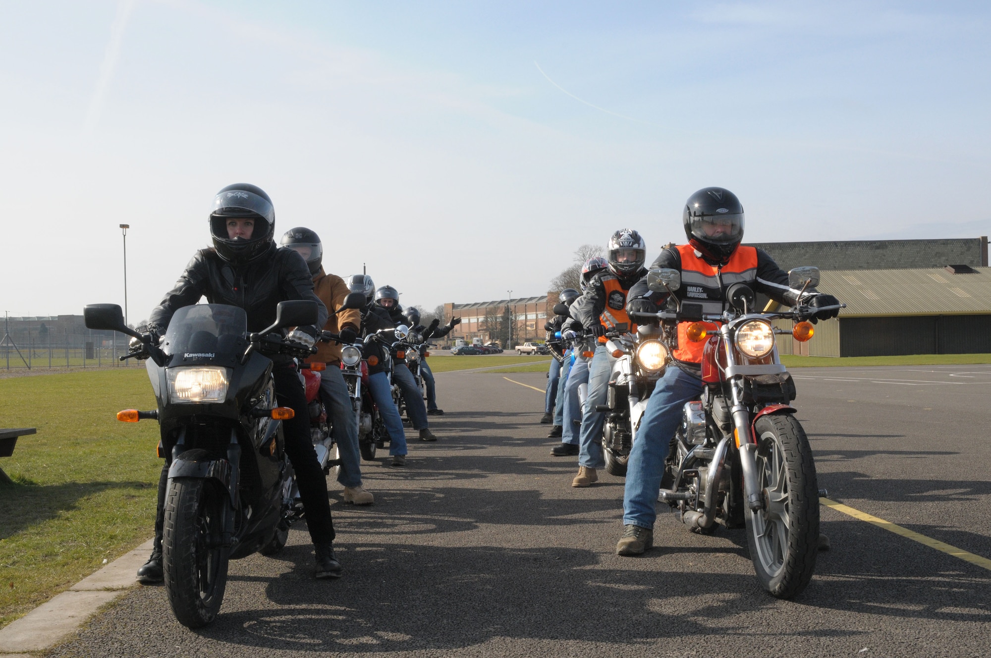 Servicemembers prepare to ride through different obstacles during the Beginner’s Motorcycle Safety Course at RAF Feltwell, England, March 5, 2010.  The training is designed to teach new riders the basic fundamentals of what a bike is and how to operate it.  (U.S. Air Force photo by Staff Sgt. Connor Estes)