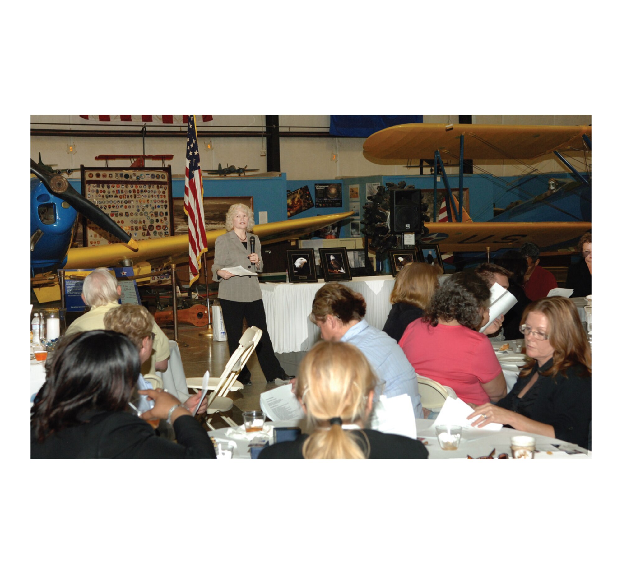 Combined Federal Campaign Chairperson Susan Blum speaks to CFC key workers, supervisors and local coordinating committee members at a luncheon Mar. 2 at the March Field Museum. The final contribution tally for Western Riverside CFC was $275,460, with March ARB’s contributions totalling $105,215 of that amount. The 47 people who attended the luncheon were also treated to a private, guided tour of the museum. (Photo courtesy Susan Blum)