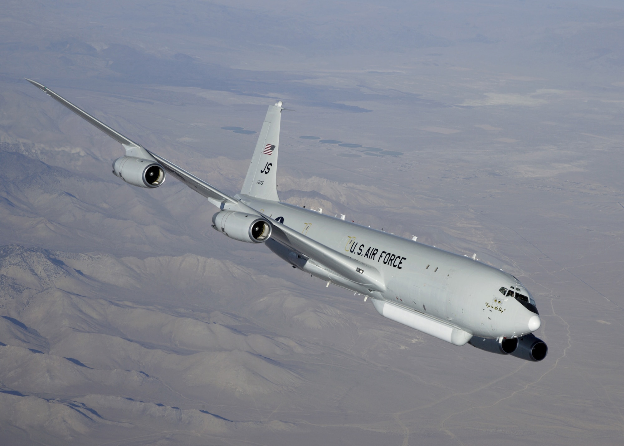 The 751st Electronic Systems Group's E-8C Joint STARS test aircraft, T-3, performs flight testing with JT8D-219 engines during a December deployment to Edwards Air Force Base, Calif.  In February, 633rd Electronic Systems Squadron officials awarded two major contract actions to continue the Joint STARS re-engining program's system design and development phase activities. (Courtesy photo)