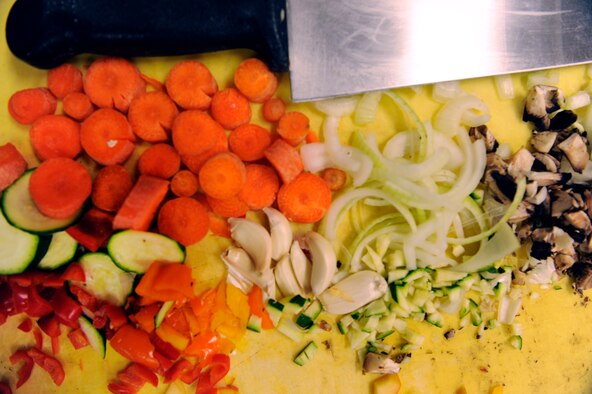 ELLSWORTH AIR FORCE BASE, S.D. -- Various vegetables were used during the second annual "Ellsworth Iron Chef" competition, March 17. The available ingredients were kept secret from the competing teams until the beginning of the competition. (U.S. Air Force photo/Senior Airman Marc I. Lane)