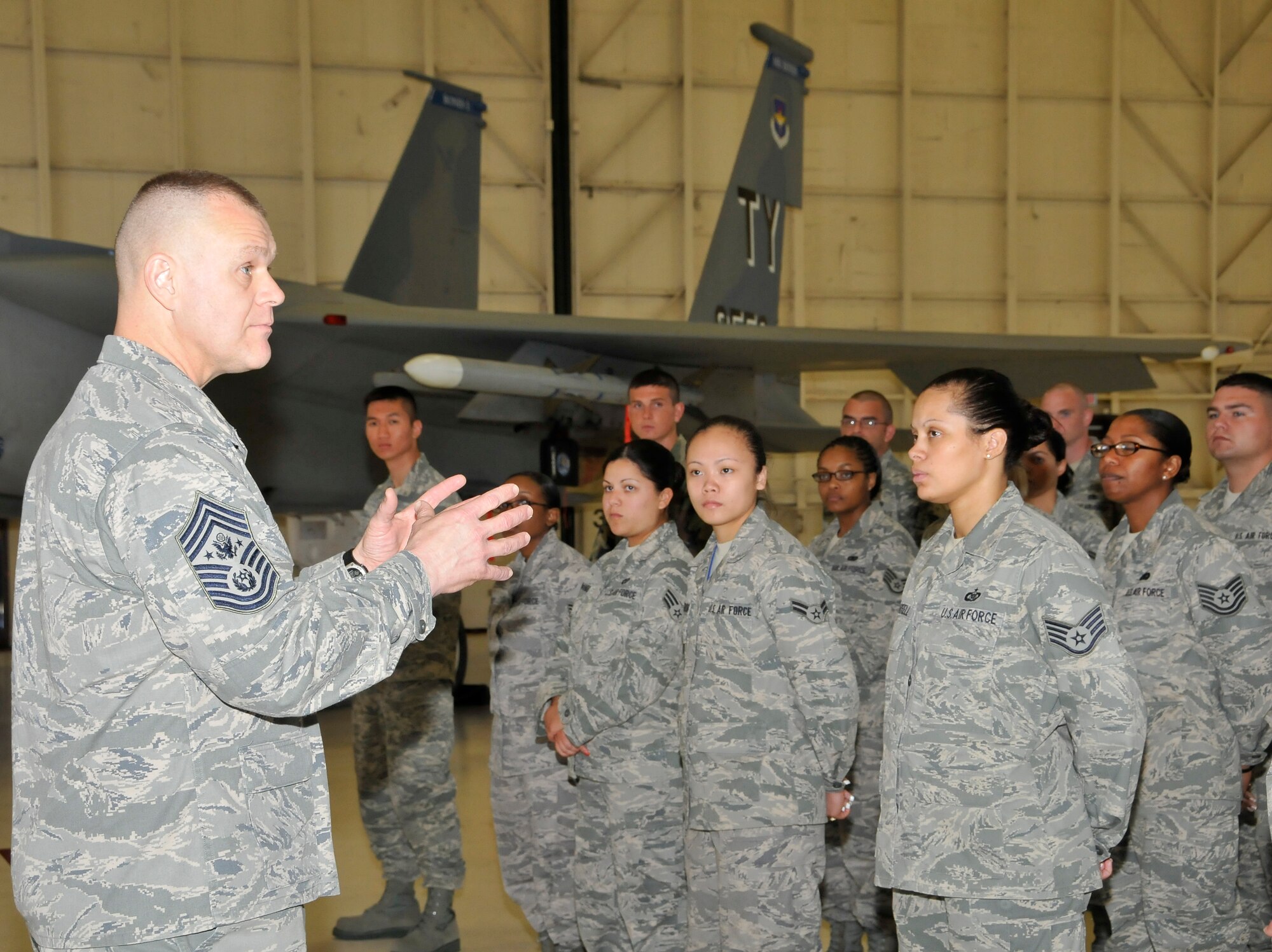 Chief Master Sergeant of the Air Force James A. Roy answers questions from Tyndall Airman March 17 in Hangar 2. (U.S. Air Force photo by Lisa Norman) 