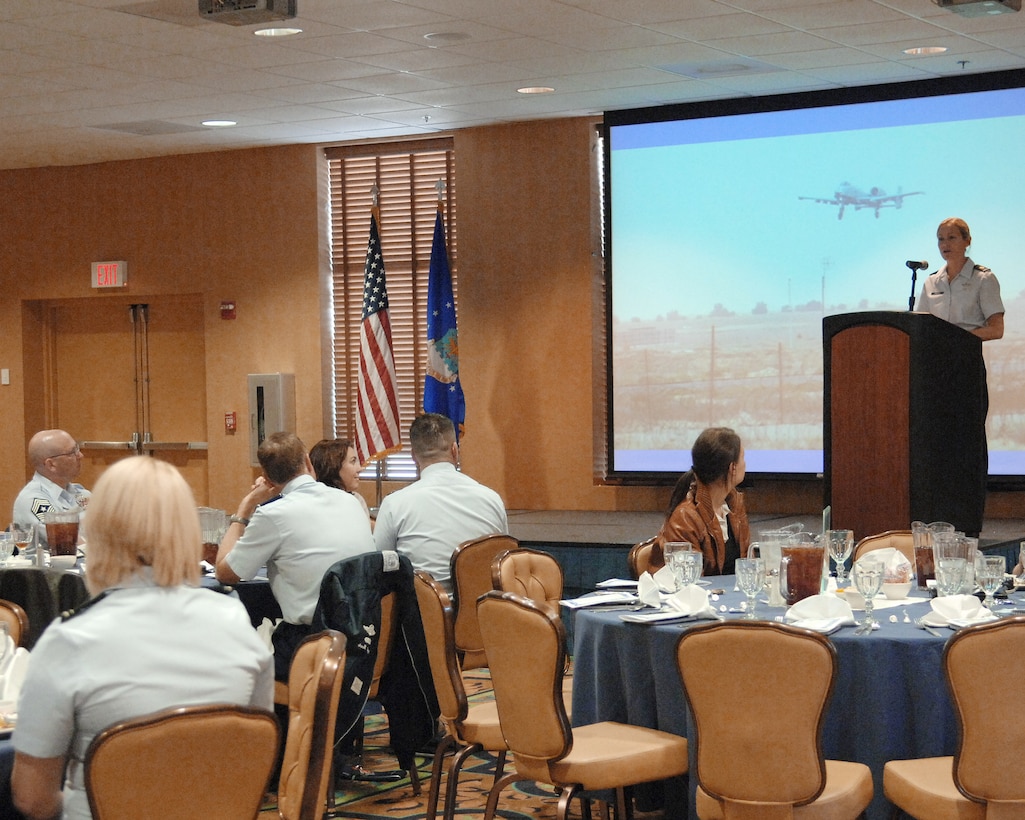 Maj. Kim Campbell spoke to Women's History Month luncheon guests March 15, 2010 at Davis-Monthan Air Force Base, Ariz. She talked about details from the mission in which her A-10 Thunderbolt II was hit by enemy fire over Baghdad in April 2003. Major Campbell successfully completed the mission and safely landed her damaged jet. Major Campbell is from the Det. 3 Training Support Squadron, at Davis-Monthan AFB, Ariz. (U.S. Air Force photo/Staff Sgt. Alesia Goosic)