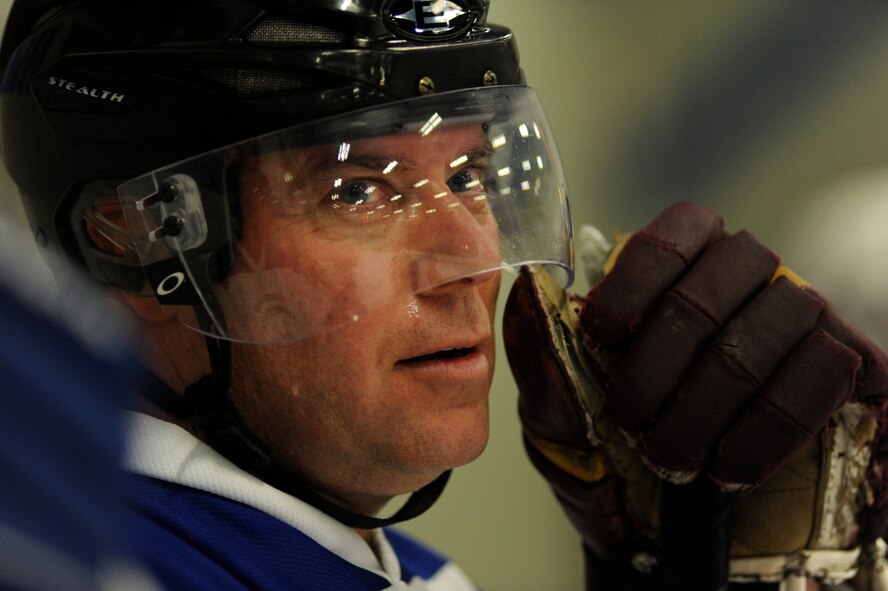 Chief Master Sergeant William Cordell 133rd Airlift Wing Maintinence Group lifts his face mask just before the first game of the 2010 Minnesota Guard Hockey Challenge. Teams from  the Minnesota Air National Guard, Minnesota Army National Guard, and the U.S. Marine Reserve took part in the three day event taking place at the St. Thomas Academy Hockey Arena 13-14th March 2010.
U.S. Air Force Photo by Tech Sgt Erik Gudmundson