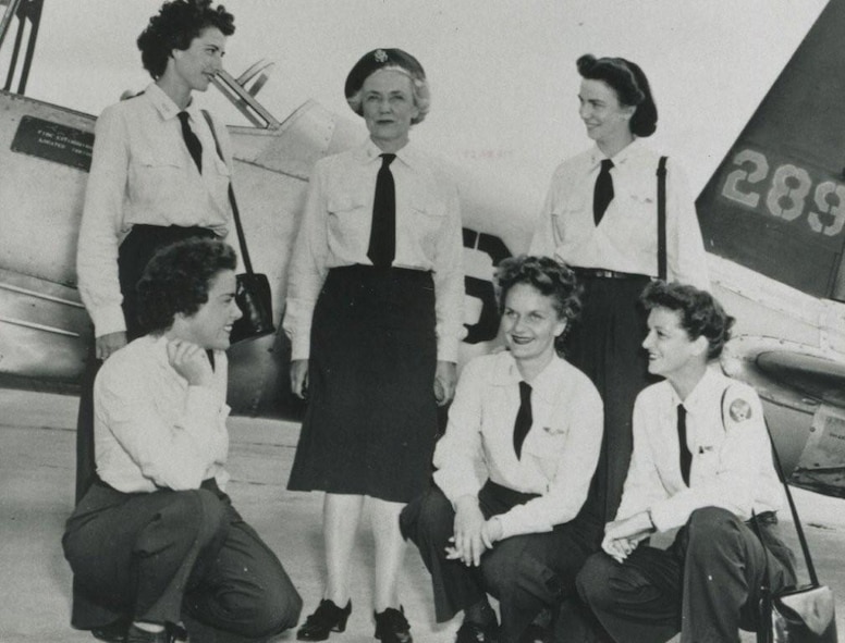 MOODY AIR FORCE BASE, Ga. – (From left to right) Helen Trigg, Ethel Sheehy, Irene Raven, Betty Wright and Betty Richards, Women’s Airforce Service pilots, pose next to a Moody Field aircraft here in 1944. During World War II, WASPs served as flight instructors, glider tow pilots and engineering test pilots, as well as completing other duties including towing targets and ferrying aircraft. (Contributed photo from Texas Woman's University, The Woman's Collection)