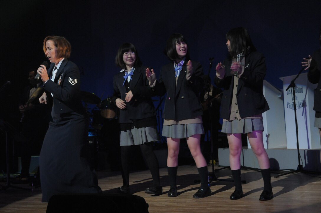 Pacific Trends went on a 10 day road trip to Iwate and Miyagi Prefecture in Japan to perform a “Mega Band” show with members from the USAF Band of the Pacific, Alaska.  The show consisted of rock band with horns for the first half, playing hits from the 60s, 70s, 80s, to include songs from “The Carpenters,” “The Beatles”, and R&B classics, as well as Japanese popular songs.  The inspired crowd danced to the “Twist” and “JB Goode”; all dancers received a copy of Pacific Trends’ latest CD.  These friendship concerts were full of variety, and made a lasting impression on the Japanese public