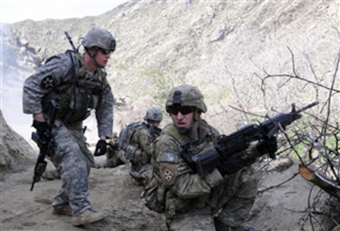 U.S. Army soldiers with 2nd Platoon, Company D, 2nd Battalion, 12th Infantry Regiment, Task Force Lethal prepare to move from cover during an attack by anti-Afghan forces in Tantil village, Kunar province, Afghanistan, on March 13, 2010.  Afghan National Security Forces and International Security Assistance Forces visited the community because of a high number of recent attacks in the area.  