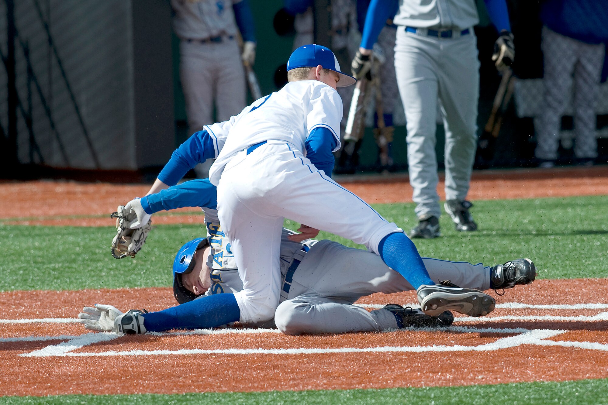 Air Force senior pitcher Alex Truesdale makes the tag at home plate as the Falcons defeated South Dakota State 12-11 at the U.S. Air Force Academy's Falcon Field in Colorado March 5, 2010. (U.S. Air Force photo/Bill Evans)