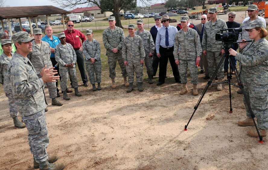 BARKSDALE AIR FORCE BASE, La. – Col. Steve Basham, 2d Bomb Wing commander, addresses the crowd before the ground – breaking ceremony Mar.10, at the Child Development Center. The expected completion date of the new CDC is summer of 2011. (U.S. Air Force photo by Senior Airman La’Shanette V. Garrett) (RELEASED)