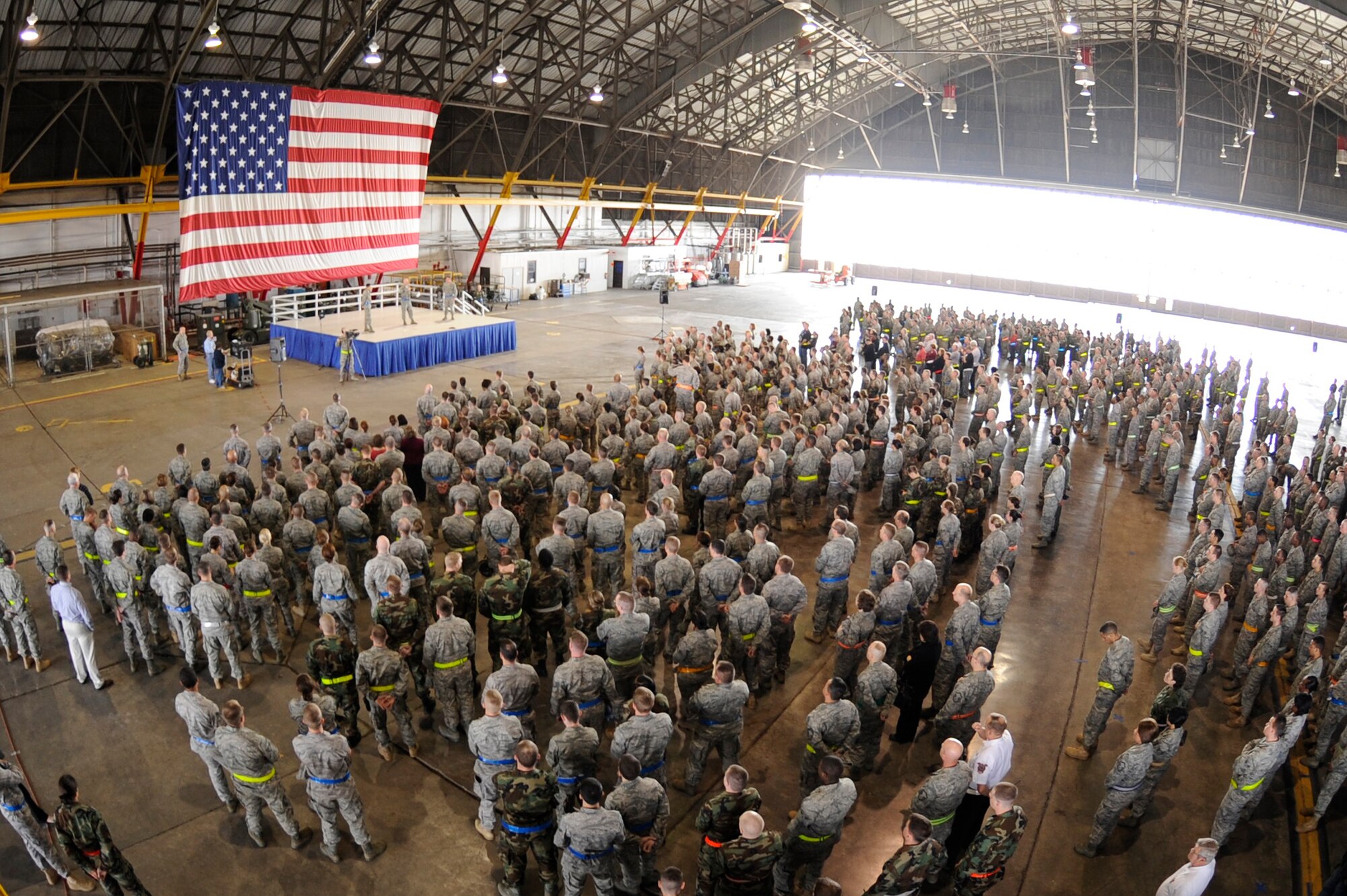 SCOTT AIR FORCE BASE, Ill – Members of the 375th Air Mobility Wing attend an all call inside Hangar 1 at Scott, March 19, 2010. The all call was called by Wing leadership to fire up the troops in preparation for their Operational Readiness Inspection March 21 through 27. (U.S. Air Force photo/ Senior Airman Wesley Farnsworth)