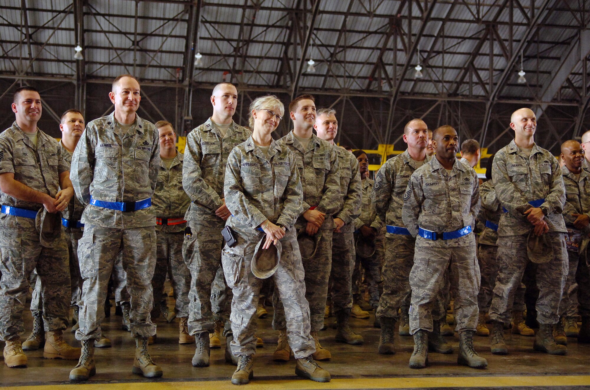 SCOTT AIR FORCE BASE, Ill. – 375th Air Mobility Wing members listen to an all call led by Col. Gary Goldstone, 375th AMW commander, encouraging the wing to be “outstanding” during the upcoming Operational Readiness Inspection, March 19, 2010. The upcoming ORI will take place March 21 to the 27. (U.S. Air Force photo/ Senior Airman Ryan Crane)