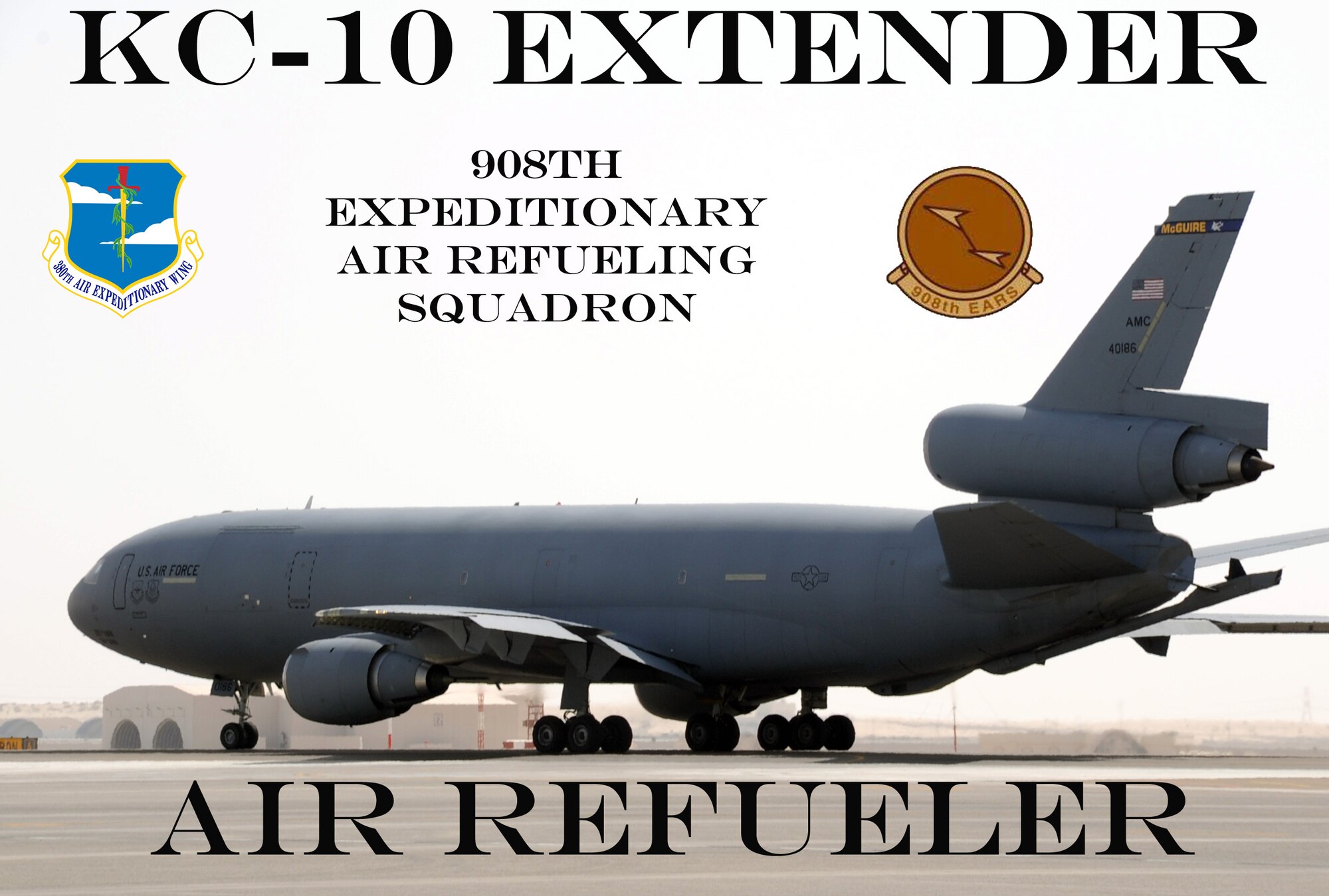 The KC-10 Extender is the main air refueling aircraft assigned to the 908th Expeditionary Air Refueling Squadron at a non-disclosed base in Southwest Asia.  The 908th EARS, as part of the 380th Air Expeditionary Wing, supports operations Iraqi Freedom and Enduring Freedom and the Combined Joint Task Force-Horn of Africa. (U.S. Air Force Photo Illustration/Master Sgt. Scott T. Sturkol/Released)