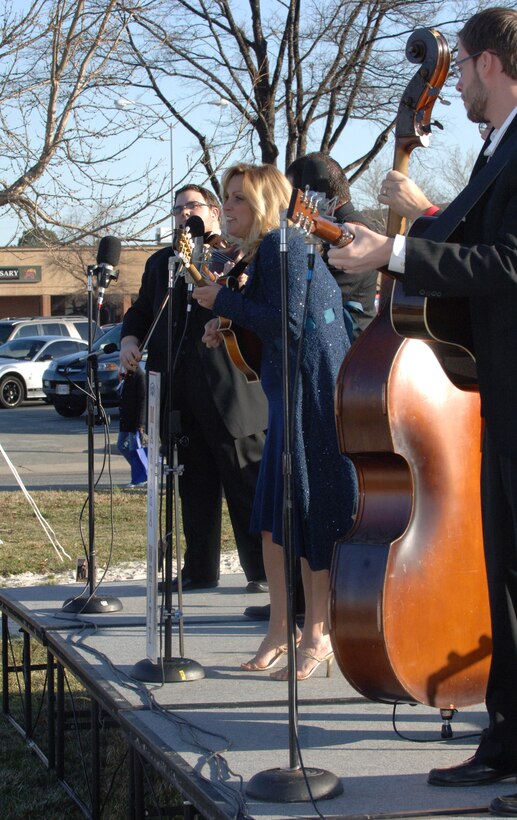 LANGLEY AIR FORCE BASE, Va. – Bluegrass musician Rhonda Vincent performs with her band, the Rage, at the Smucker's Mission: Breakfast celebration March 19. Smucker's provided free breakfast to military personnel and their families to reward the Langley Commissary for winning the Mission: Breakfast contest for most unique store display. (U.S. Air Force photo/Airman 1st Class Jason J. Brown)