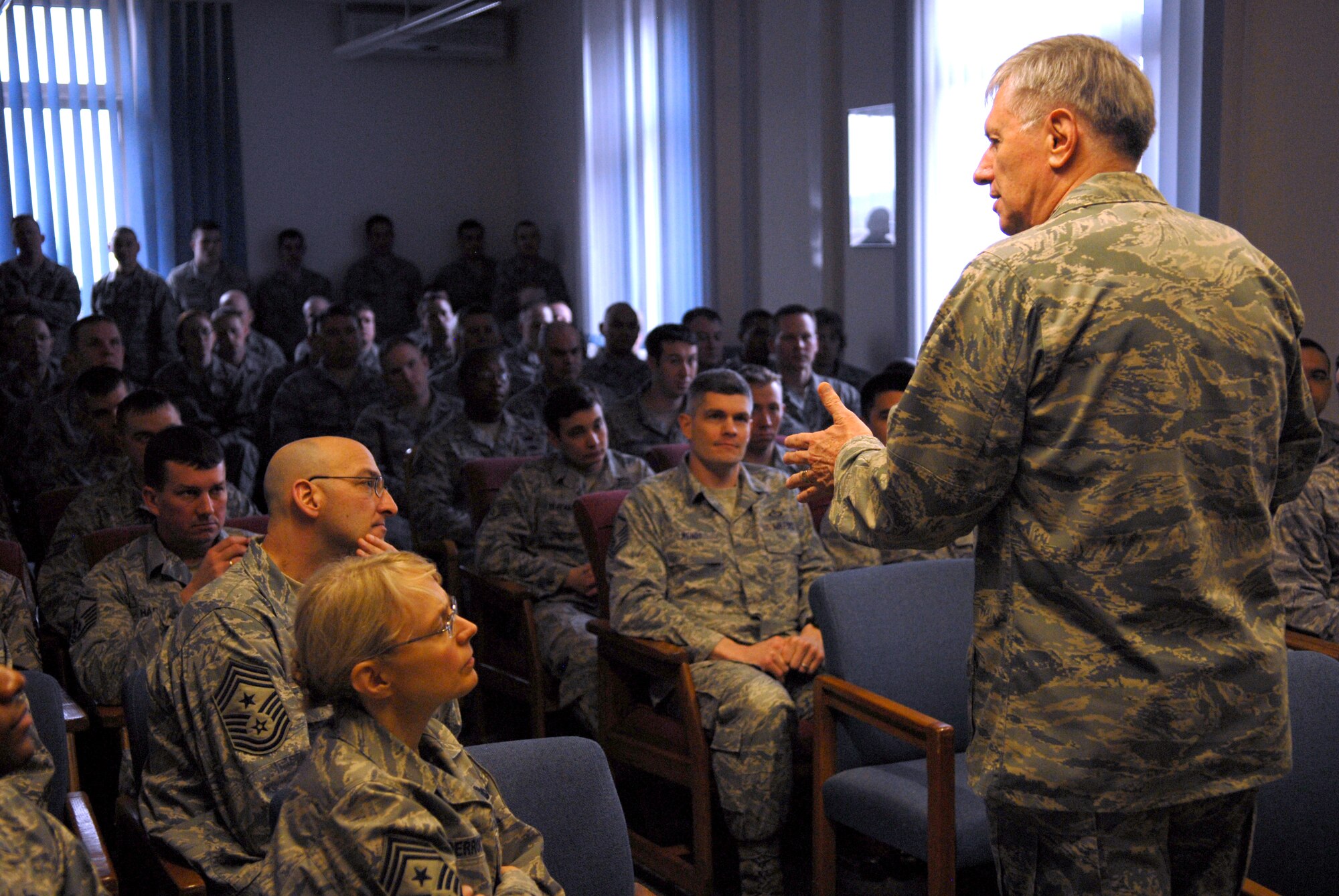 RAMSTEIN AIR BASE, Germany -- Gen. Roger A. Brady, commander U.S. Air Forces in Europe, addresses members of the 4th Air Support Operations Group in a special commander's call at Wiesbaden Army Air Field, March 16, 2010. General Brady and Chief Master Sgt. Pamela Derrow, USAFE command chief master sergeant, spent the day visiting the facilities of the 435th Air Ground Operations Wing. It was their first visit to USAFE's newest wing since it stood up in July 2009. (U.S. Air Force photo by Capt. John Ross)