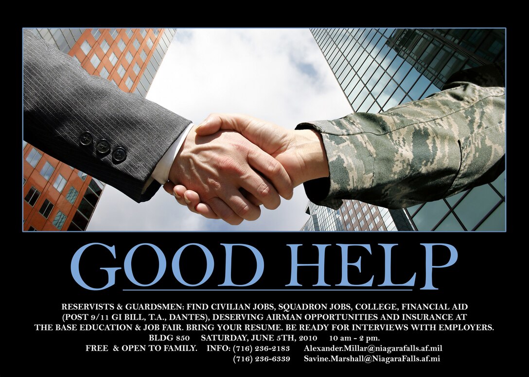 the Niagara Falls Air Reserve Station (NFARS) Job Fair, Saturday, June 5, 2010, NFARS Building 850 from 10am- 2pm. This free job fair is a great opportunity for those looking for work and those looking to hire. (U.S. Air Force art by Daniel Lanphear)