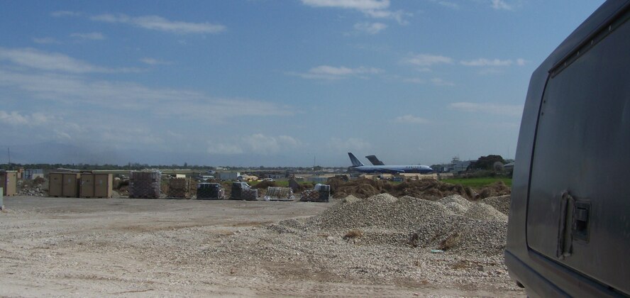 The Army-established tent city in Port-au-Prince that the seven-member team resided at while deployed was just on the edge of the active runway. (U.S. Air Force courtesy photo)