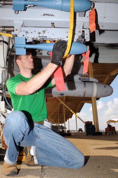 BARKSDALE AIR FORCE BASE, La. -- Technical Sgt. James Keefer, an Active-Reserve Technician and weapons loader for the 717th Aircraft Maintenance Squadron, performs a seven-level post load inspection on bomb practice units attached to an A-10 Thunderbolt March 18. ARTs are full-time Federal civil-service employees serving in a position that requires an active reserve assignment in a reserve unit. ARTs are ready reservists assigned to and training with the unit in which they are employed and must occupy an equivalent reserve military position with a comparable military rank or grade. (U.S. Air Force photo by Staff Sgt. John Gordinier)