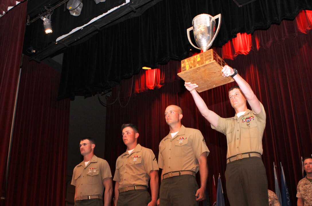 (From left to right) 2nd Lt. Jeffery Newman, Lance Cpl. Robert Roach, Lance Cpl. Zachary Galauskas, and Gunnery Sgt. Christopher Trimble, all members of Combat Logistic Battalion 13’s rifle team, were presented with the Wharton Trophy for their firing excellence during the 2010 Western Division Matches marksmanship competition, hosted at Camp Pendleton, March 8 – 19. The Wharton Trophy is awarded to the best Western Division rifle team representing a Marine Corps unit west of the Mississippi River, whose unit strength is less than 600 personnel.