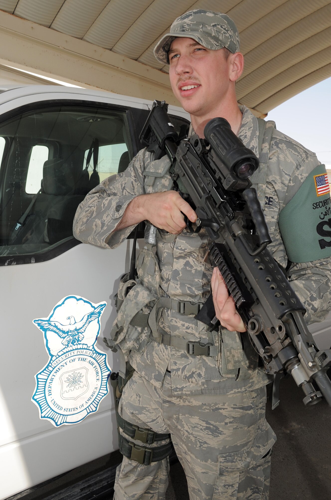 Airman 1st Class Philip Basalyga is a security forces apprentice with the 380th Expeditionary Security Forces Squadron at a non-disclosed base in Southwest Asia on March 19, 2010. He is deployed from the 21st Security Forces Squadron at Peterson Air Force Base, Colo., and his hometown is Columbia, Tenn. (U.S. Air Force Photo/Master Sgt. Scott T. Sturkol/Released)