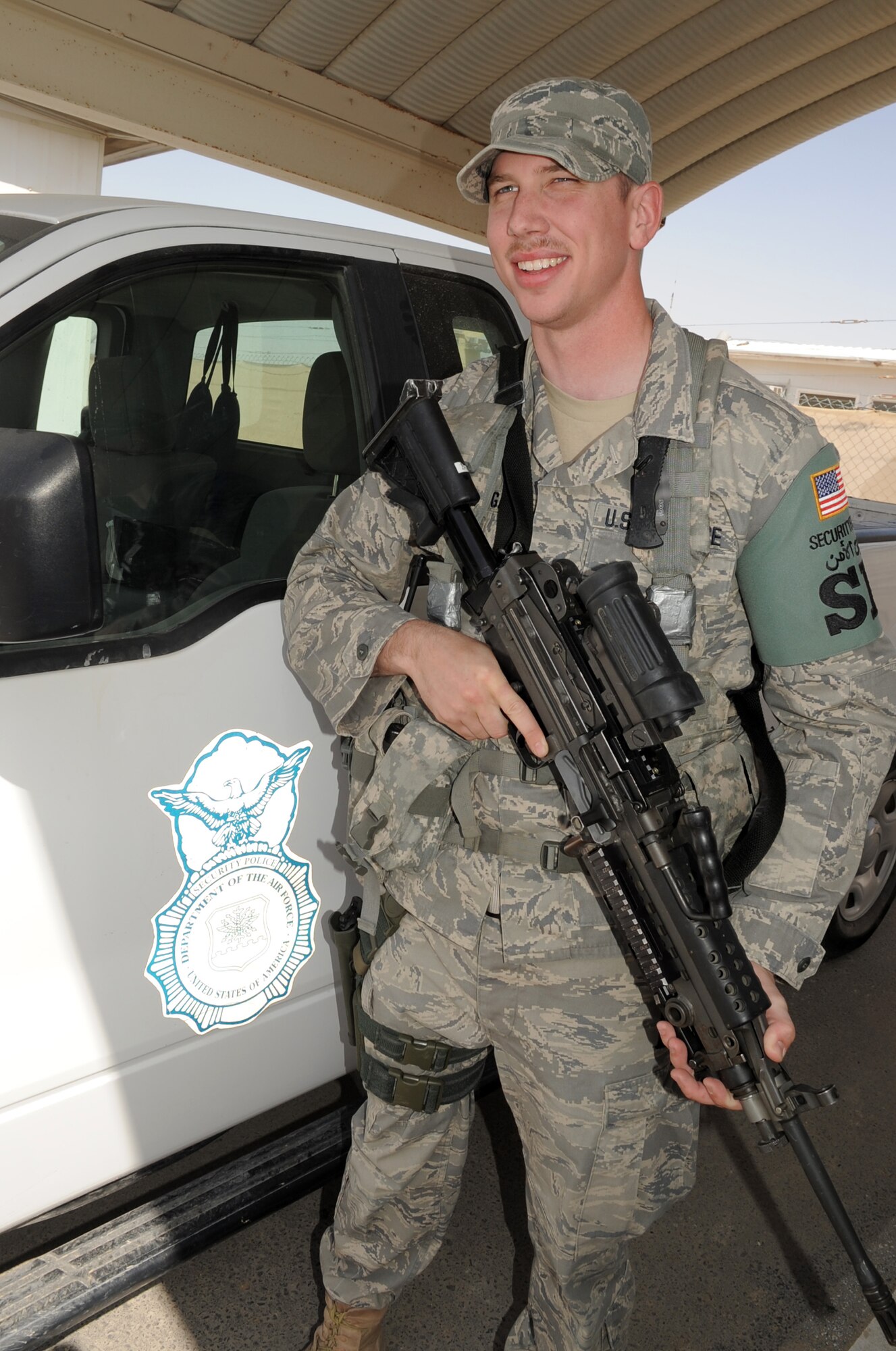 Airman 1st Class Philip Basalyga is a security forces apprentice with the 380th Expeditionary Security Forces Squadron at a non-disclosed base in Southwest Asia on March 19, 2010. He is deployed from the 21st Security Forces Squadron at Peterson Air Force Base, Colo., and his hometown is Columbia, Tenn. (U.S. Air Force Photo/Master Sgt. Scott T. Sturkol/Released)