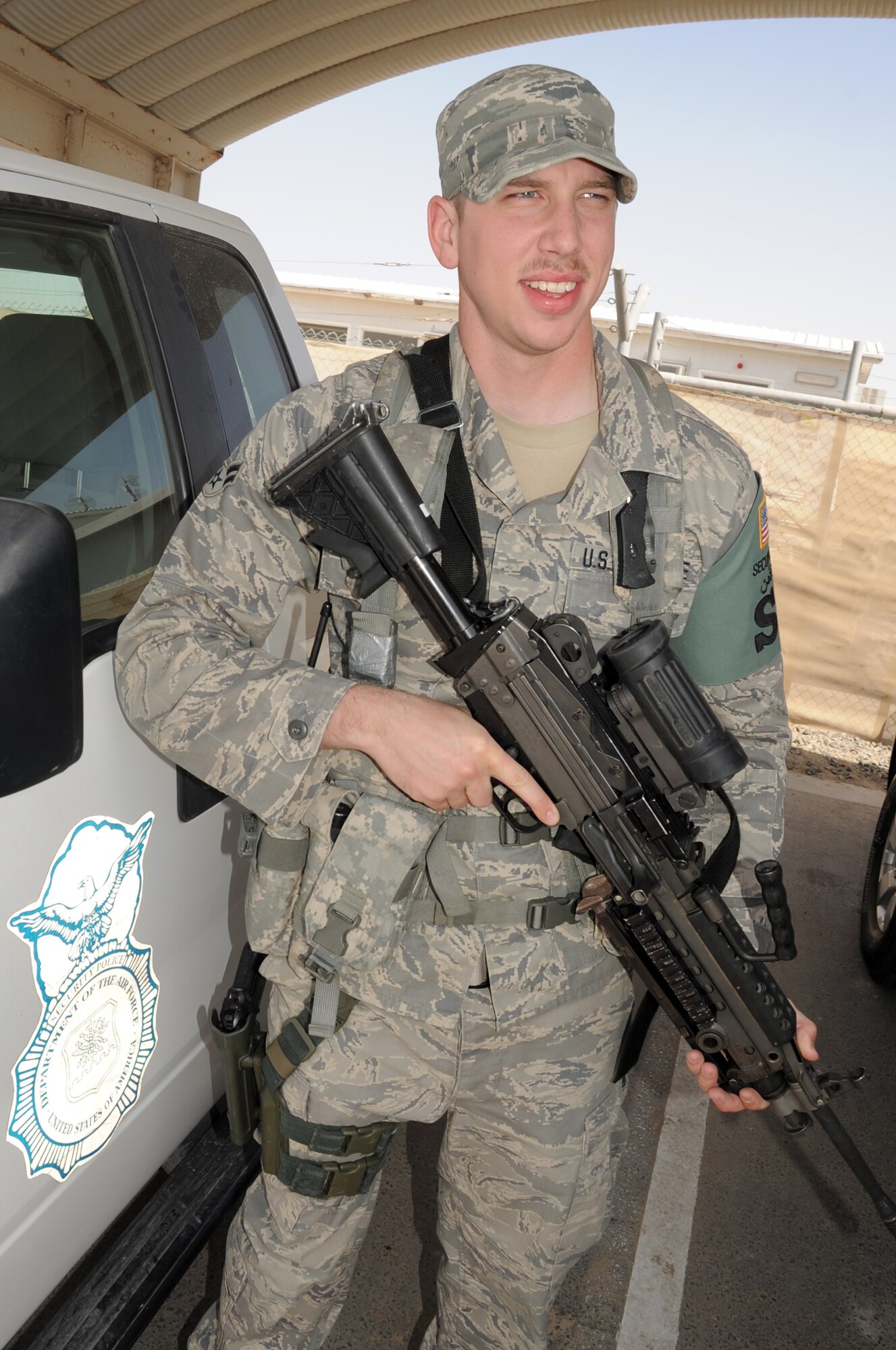 Airman 1st Class Philip Basalyga is a security forces apprentice with the 380th Expeditionary Security Forces Squadron at a non-disclosed base in Southwest Asia on March 19, 2010. He is deployed from the 21st Security Forces Squadron at Peterson Air Force Base, Colo., and his hometown is Columbia, Tenn. (U.S. Air Force Photo/Master Sgt. Scott T. Sturkol/Released)