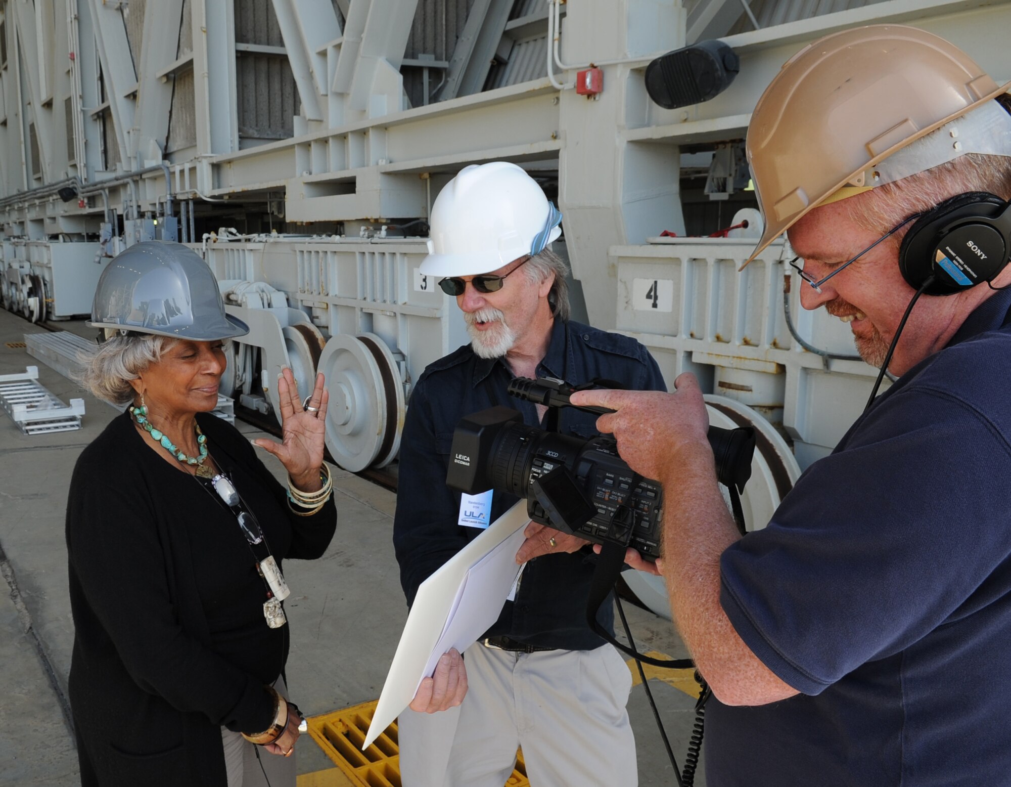 VANDENBERG AIR FORCE BASE, Calif. -- Nichelle Nichols, a cast member from the original "Star Trek" series, shows the iconic Vulcan hand gesture from the series during an interview Friday, March 19, 2010, here. (U.S. Air Force photo/Senior Airman Bryan Boyette)