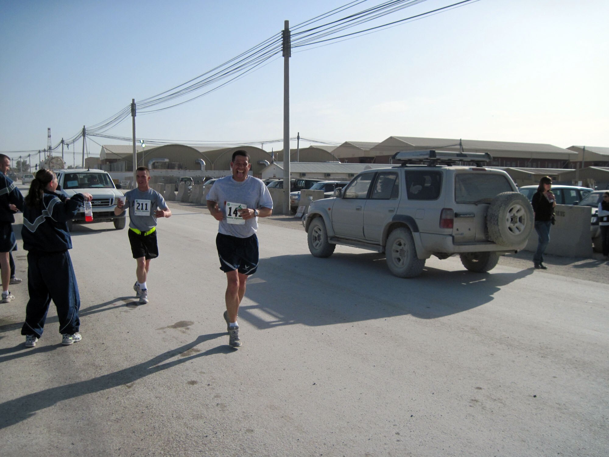Kandahar, Afghanistan: and SSgt Daniel Rivera, a deployed personnel from the 45th Aerial Port Squadron proved just that as he ran the first annual Kandahar marathon on March 7, under the scorching Afghan sun. The event which attracted more than 300 runners was a first for the personnel at the airfield which allowed for some fun and physical challenge for participants and volunteers alike. (U.S. Air Force photo/Master Sgt. Stanley A. Bembo)