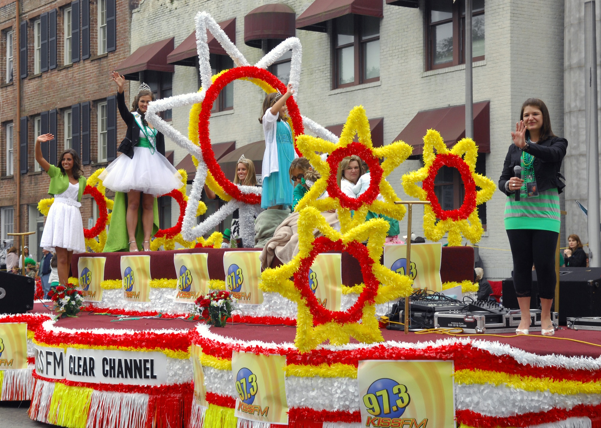 SAVANNAH, Ga. -- Members from KISS 97.3 FM ride by on their float, waving to the crowd March 17 for the St. Patrick's Day parade in Savannah, Ga. Savannah hosts the second largest St. Patrick's Day parade in the nation. Shaw Air Force Base outdoor recreation took members from Team Shaw to the St. Patrick's Day parade. (U.S. Air Force photo/Airman 1st Class Daniel Phelps)