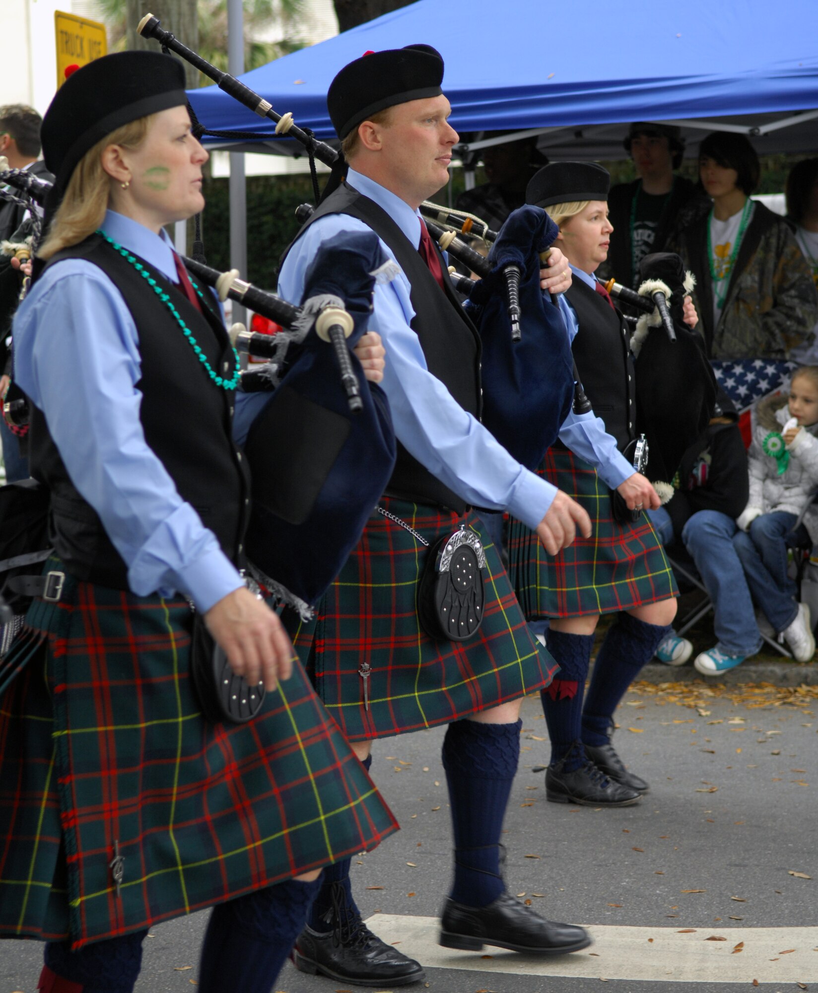 SAVANNAH, Ga. -- Bagpipe band members from Savannah, Ga. march in the St. Patrick's Day in Savannah on March 17. Savannah hosts the second largest St. Patrick's Day parade in the nation. Shaw Air Force Base outdoor recreation took members from Team Shaw to the St. Patrick's Day parade. (U.S. Air Force photo/Airman 1st Class Daniel Phelps)