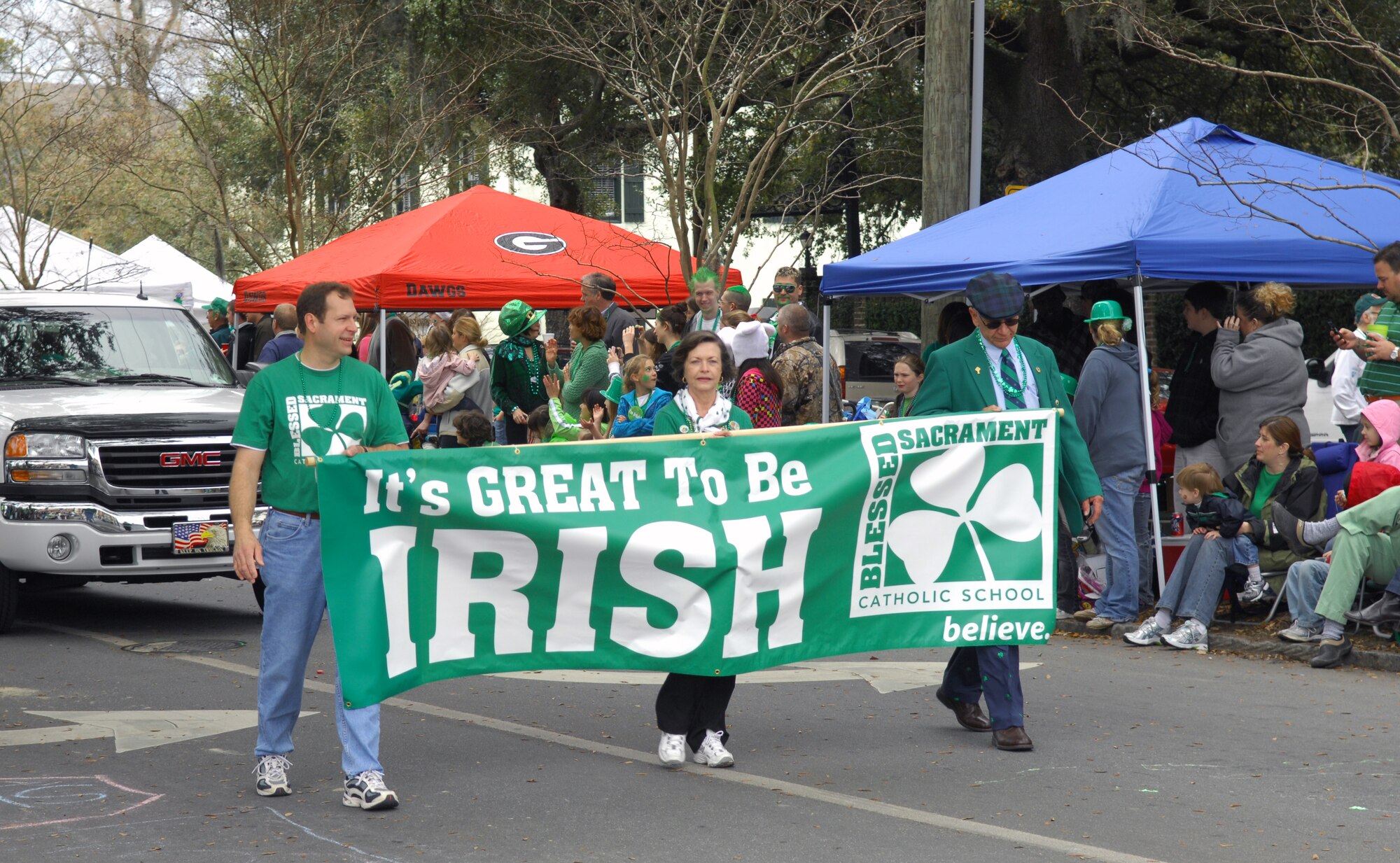 SAVANNAH, Ga. -- Officials from a local school march in the St. Patrick's Day parade in Savannah, Ga., March 17. Savannah hosts the second largest St. Patrick's Day parade in the nation. Shaw Air Force Base outdoor recreation took members from Team Shaw to the St. Patrick's Day parade. (U.S. Air Force photo/Airman 1st Class Daniel Phelps)